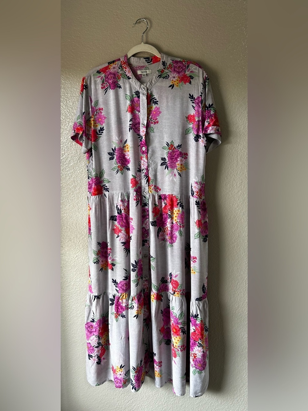 Kensie Gray Midi Dress Pink Purple Floral Print Sz S/M Lightweight Summer TC0085